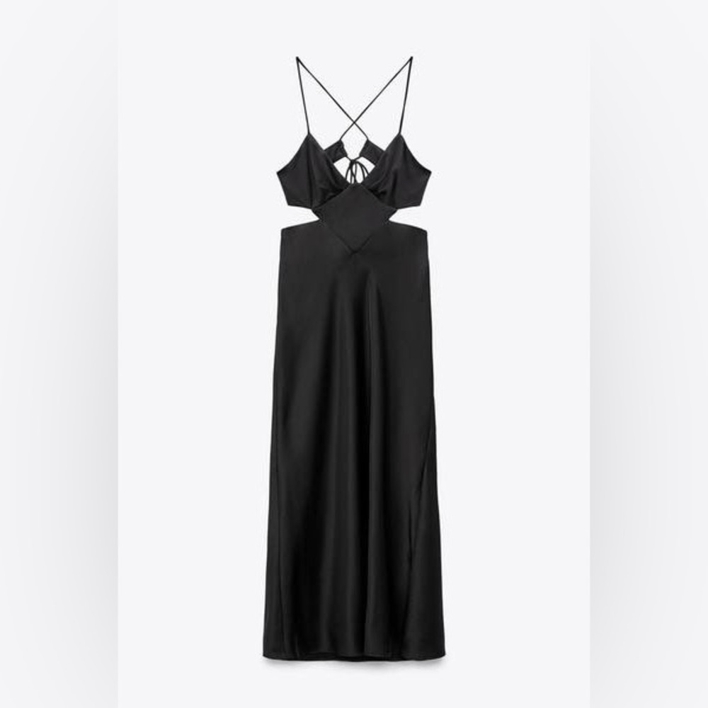 Zara NWT Black Satin Effect Cut Out Strappy Slip Dress - Small